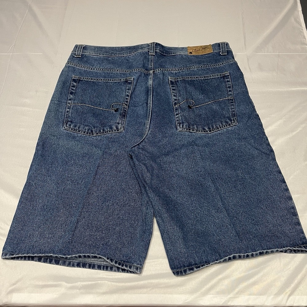 Y2K Clench Jean Shorts Men's 42 Blue Denim Embroidered Jorts Skater Baggy